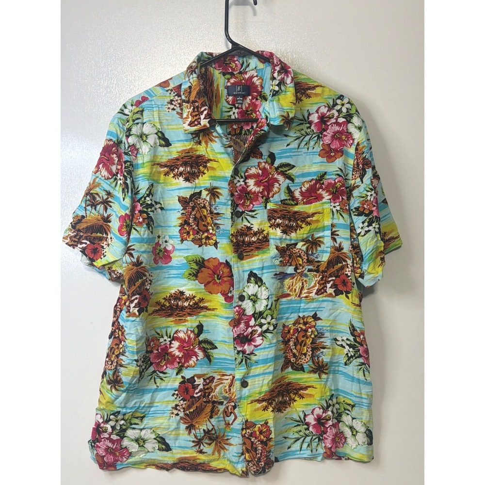 George Mens Tropical Paradise Rayon Hawaiian Shirt L Floral Hula